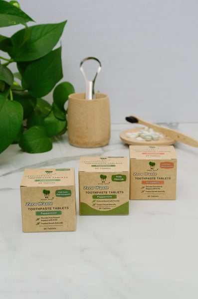 Toothpaste Tablets in Refillable Amber Glass Jars