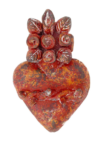 Pottery Heart With Cross and Flower Bouquet - Rustic Finish