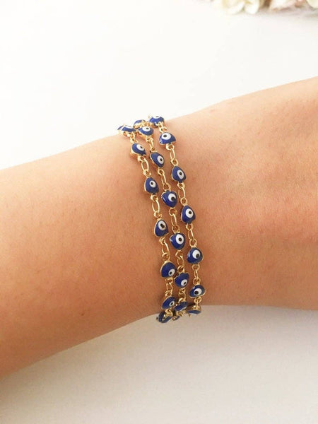 Blue Evil Eye Bracelet, Minimalist Gold Chain Bracelet, Blue Evil Eye Bead