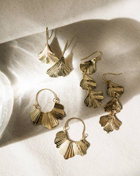 Sayuri Ginkgo Leaf Triple Drop Statement Earring - Gold