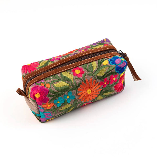 Floral Travel Cosmetic Case with leather trim