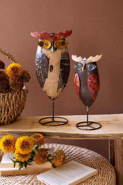 RECYCLED IRON OWLS ON STANDS