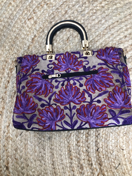 Kashmiri Crewel Work and Leather Purse - Purple