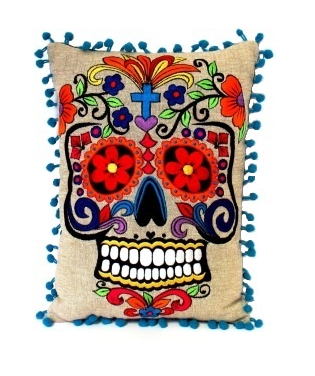 Rectangle Skull Pillow with Pom Pom Border