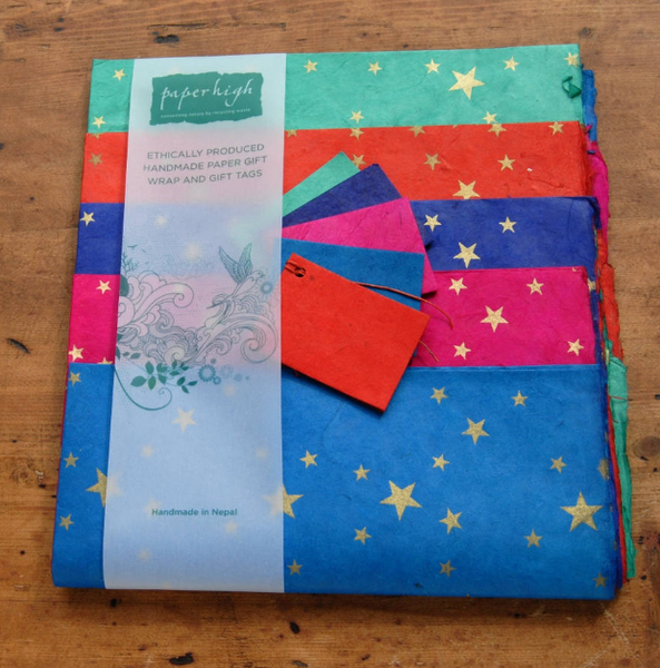 Star Five Sheet Lokta Paper Gift Wrap Pack with tags