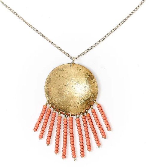 Chaya Hammered Coin Beaded Fringe Drop Necklace - Coral