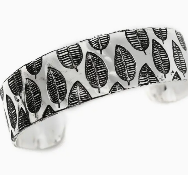 Modern Leaf Silver Engraved Cuff Bracelet