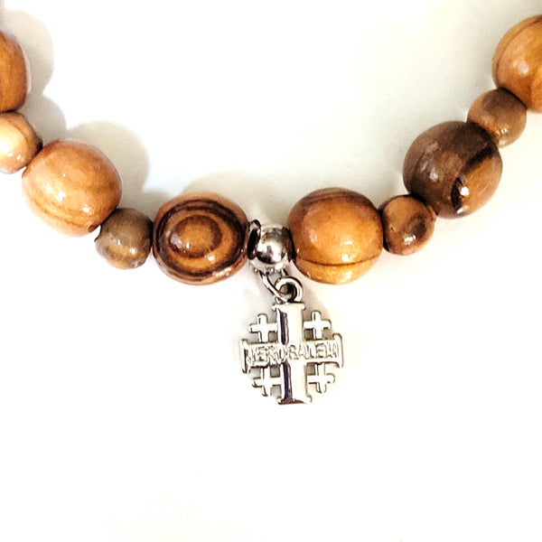 Olive Wood Bead Bracelet with Jerusalem Cross