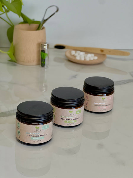 Toothpaste Tablets in Refillable Amber Glass Jars