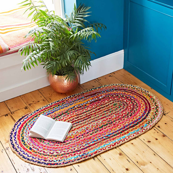 Multi-coloured Jute And Cotton Oval Rag Rug