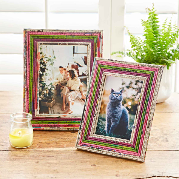 Recycled Newspaper Photo Frame - 5 x 7 inch Picture Frame: Red/Pink/Yellow