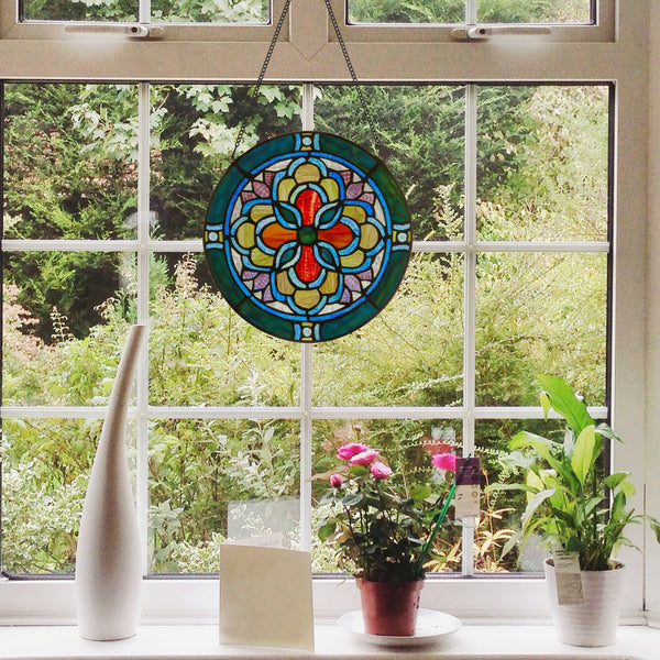 12"H Round Geometric Stained Glass Window Panel