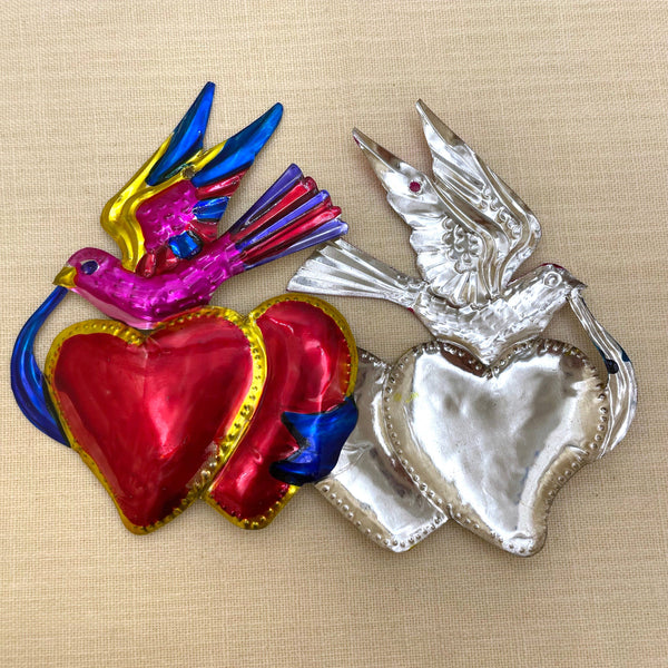 2-Heart w/Bird Ribbon Tin Ornament, Mexico