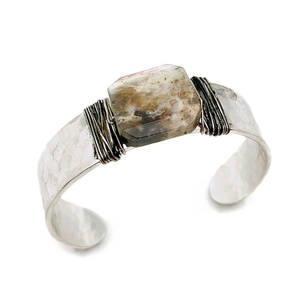 Handmade Antique Silver Hammered Cuff With Stone - Dendrite
