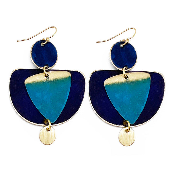 Brass Patina Earrings - Blue Layered Hues