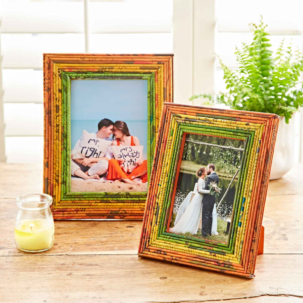 Recycled Newspaper Photo Frame - 5 x 7 inch Picture Frame: Blue/Green/Yellow/Red
