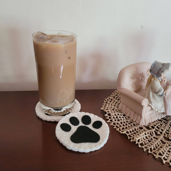 White and Black Pawprint Felted Wool Drink Coaster
