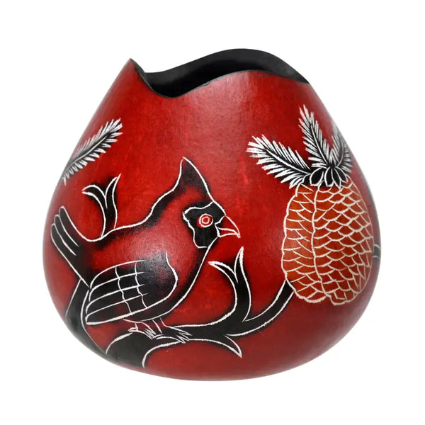 Cardinal Red Gourd Vase Vessel Bowl 3.5" Hand Carved Peru