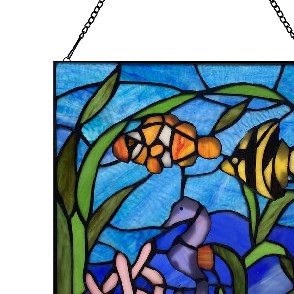 14" Marine Life Underwater Stained Glass Window Panel