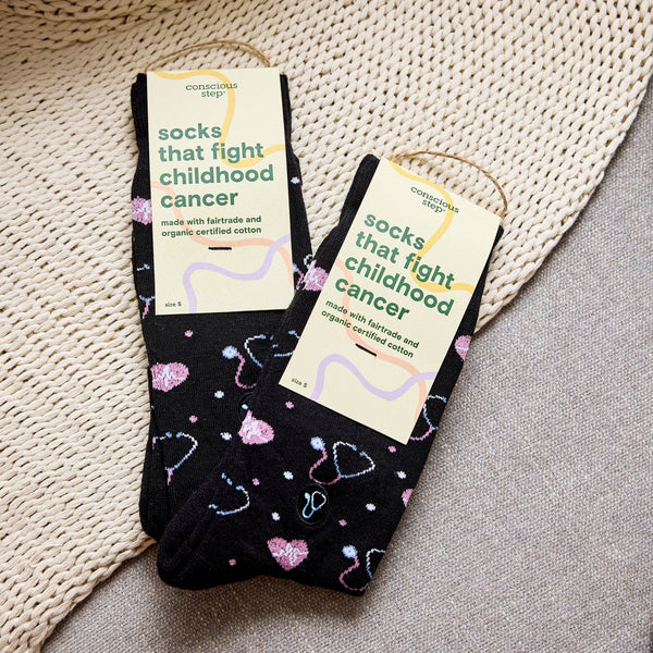 Socks that Fight Childhood Cancer (Black Stethoscopes): Medium