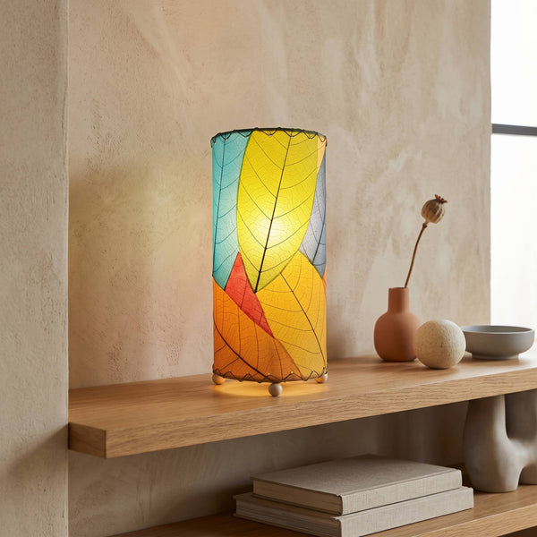 12 Inch Cocoa Leaf Cylinder Lamp Multi, Shade Real Leaves