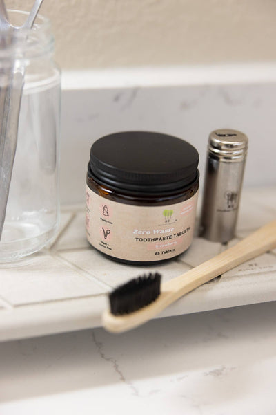Toothpaste Tablets in Refillable Amber Glass Jars