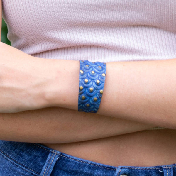 Brass Patina Bracelet - Cobalt Blue Waves and Dots
