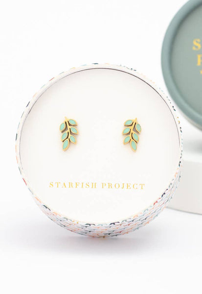 Rowen Leaf Stud Earrings- Gold Plated Leaf Design Studs Mint Green Stud Earrings