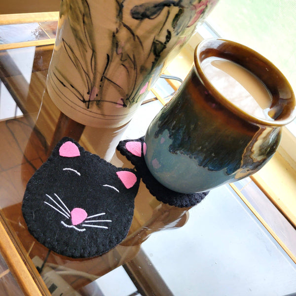 Black Kitty Cat Felted Wool Drink Coaster