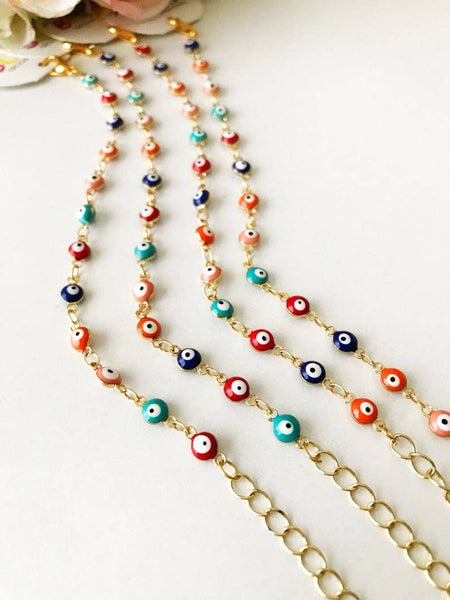 Evil Eye Chain Bracelet, Rainbow Evil Eye Bead Bracelet, Gol