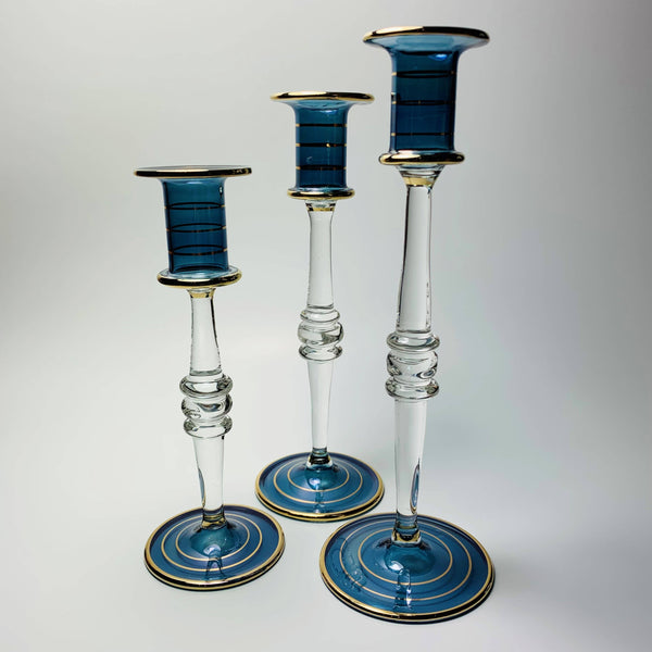 Long Stem Blown Glass Candle Holder - Blue