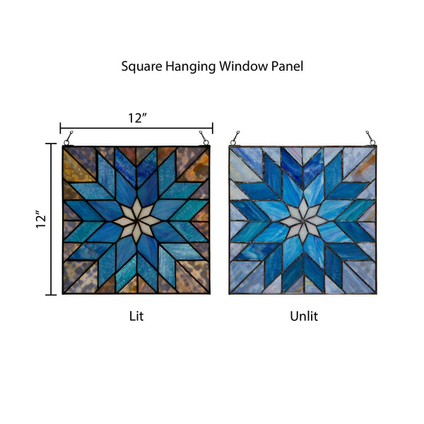 12"H Blue Quilt Square Stained Glass Window Panel