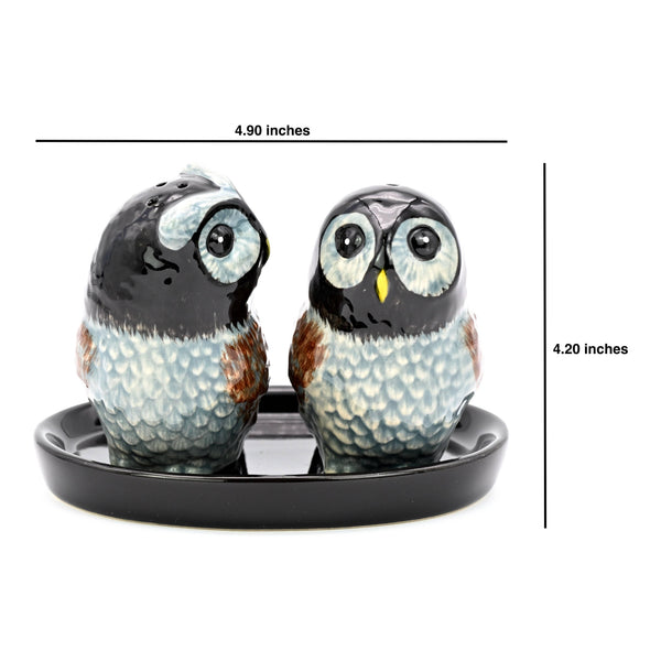 SALT AND PEPPER SHAKER Owl grey & black ceramicTray