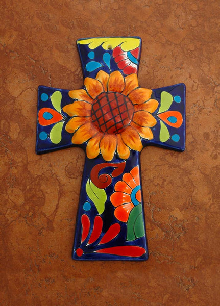 Mexican Talavera Sunflower Wall Cross Accent