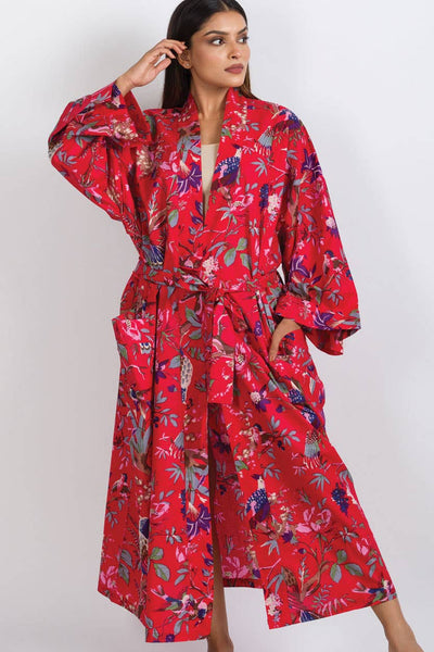 Cotton Kimono Robes: Red Multi Birds