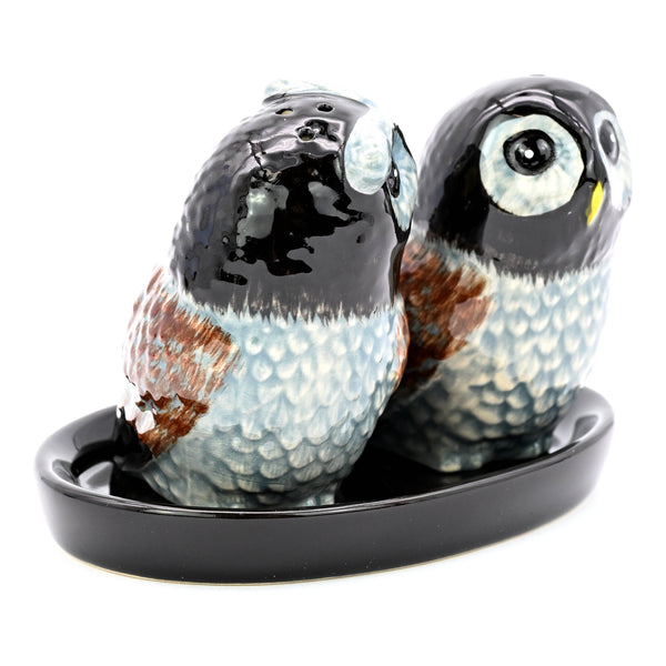 SALT AND PEPPER SHAKER Owl grey & black ceramicTray