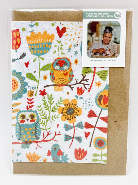 Growing Paper greeting card - Owls and Flowers