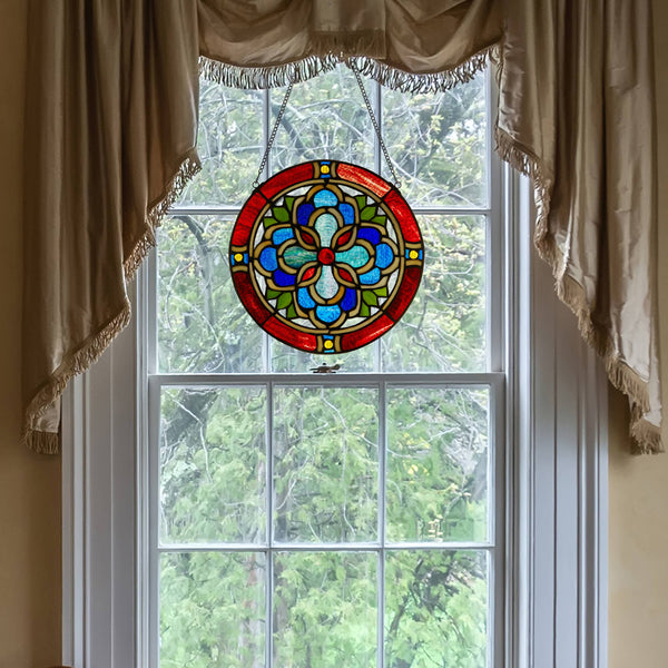 12"H Round Geometric Stained Glass Window Panel