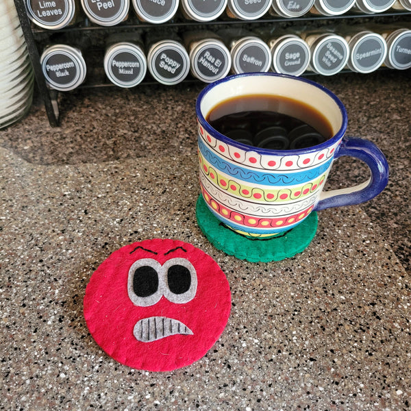 Teal Smiling Emoji Felted Wool Drink Coaster