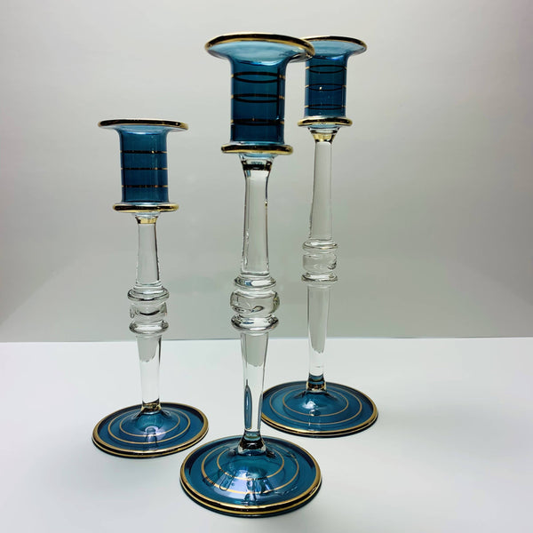 Long Stem Blown Glass Candle Holder - Blue