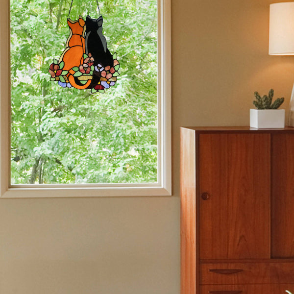 12.5"H Callie Cats Orange & Black Stained Glass Window Panel