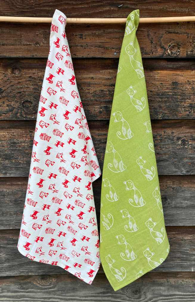 Screen Print Cotton Dishtowel - Green Cats