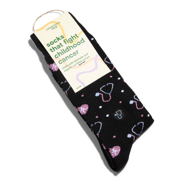 Socks that Fight Childhood Cancer (Black Stethoscopes): Medium