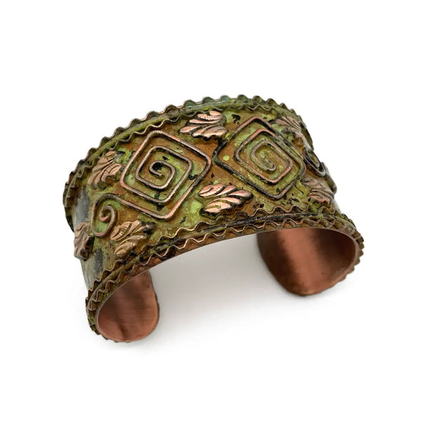 Green Vintage Copper Patina Cuff with Square Spirals