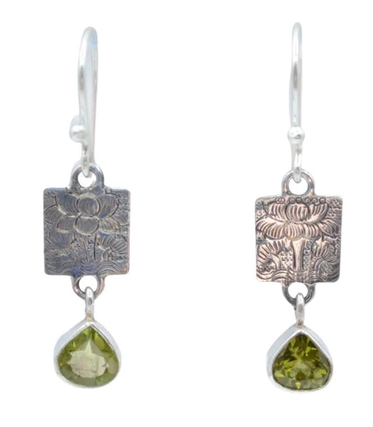 Tibetan Lotus Silver Earring -Green