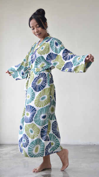 Kimono Robe Rayon | Retro Flower Green Blue