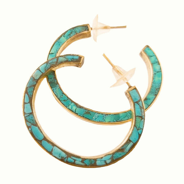 Bold Hoop Inlay Turquoise and Brass Earrings