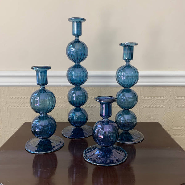 Long Stem Blown Glass Candle Holder With Baubles - Blue/8.7"