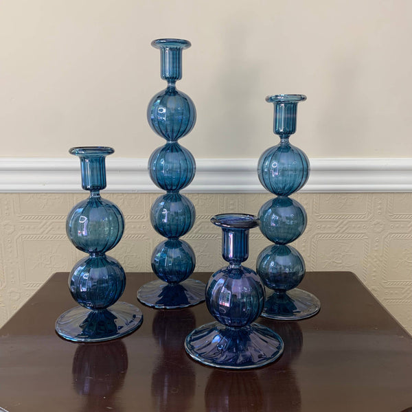 Long Stem Blown Glass Candle Holder With Baubles - Blue/6"