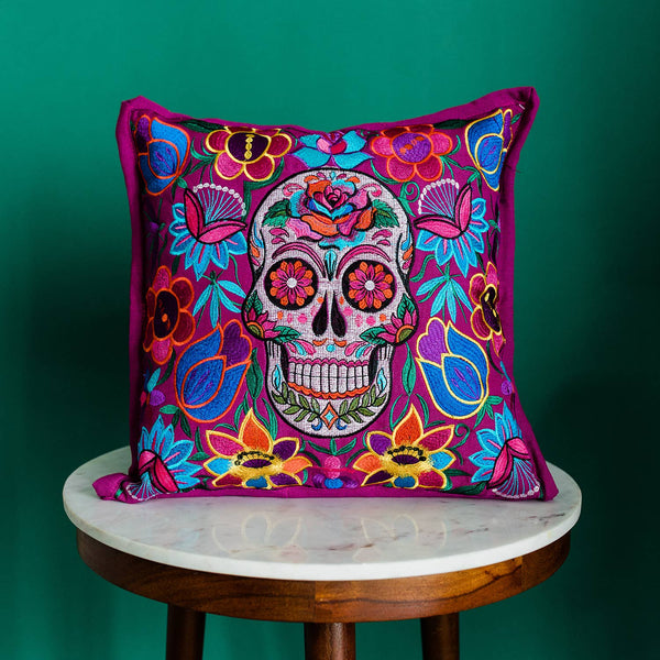 Embroidered Sugar Skull Pillow Cover